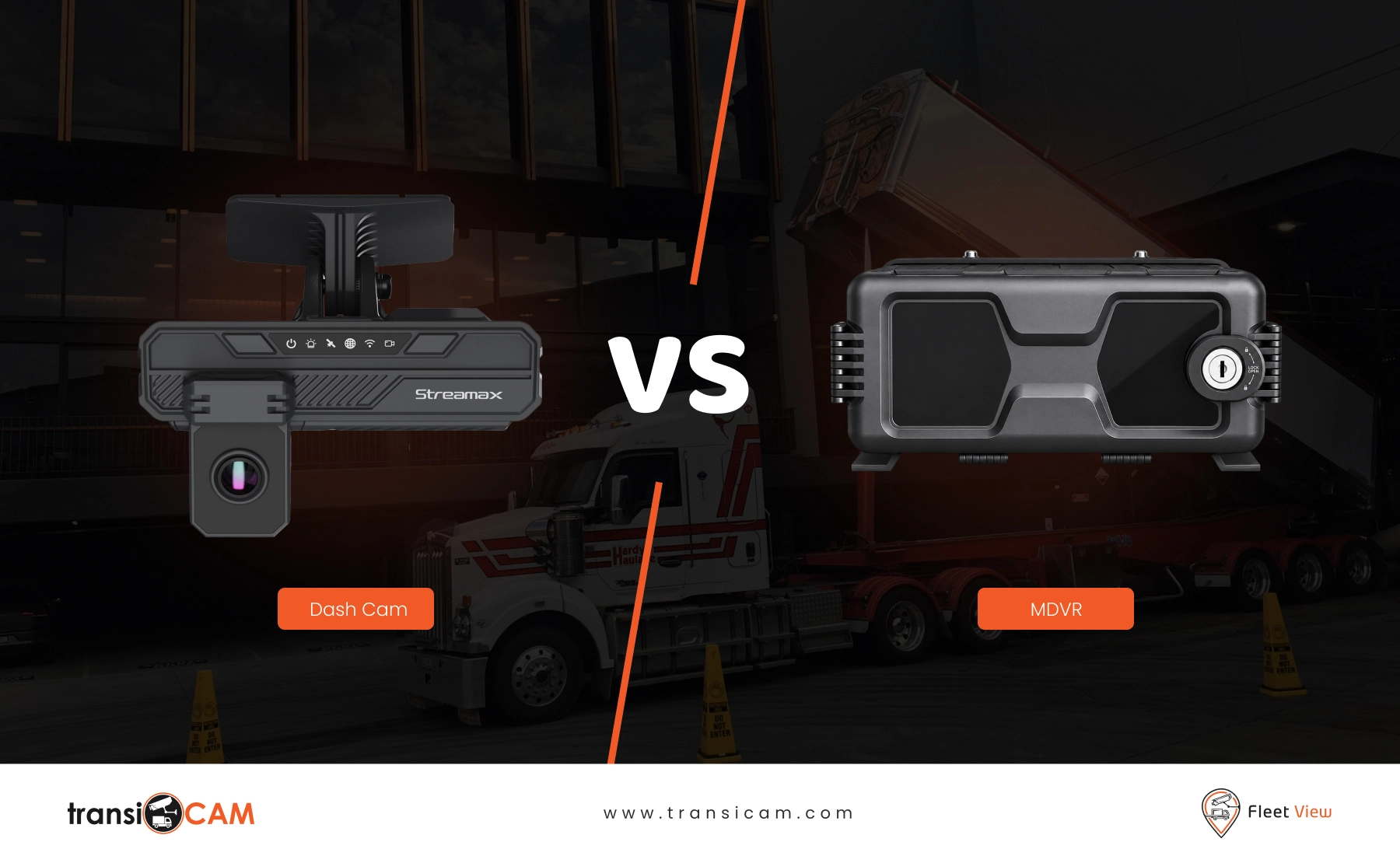 Australian commercial truck displaying forward-facing, side, rear and cabin camera positions for an MDVR fleet system.