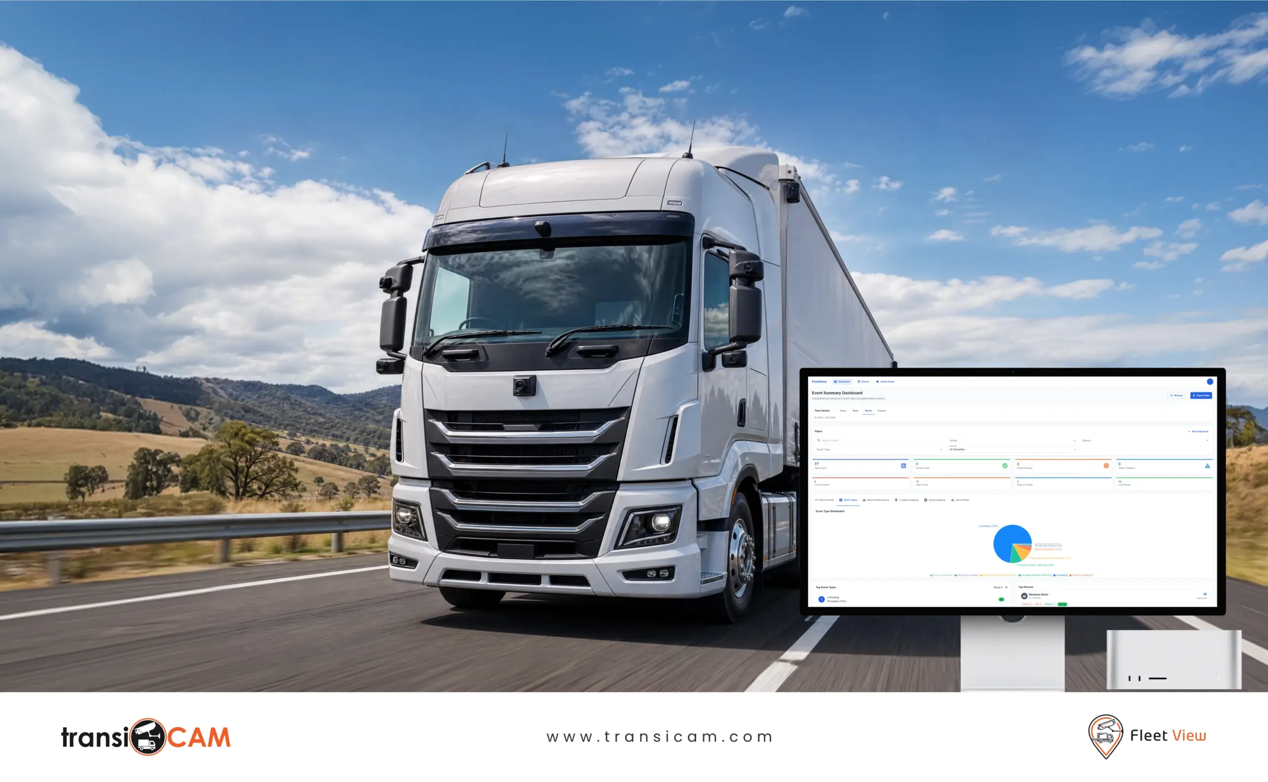 Australian transport truck fitted with fleet video telematics cameras travelling on a regional highway.
