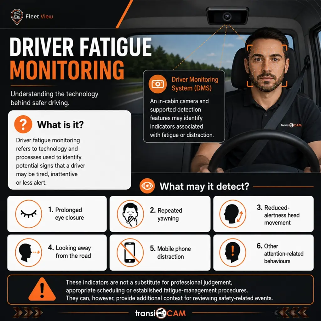 Australian truck driver operating a heavy vehicle with an in-cabin driver fatigue monitoring camera.